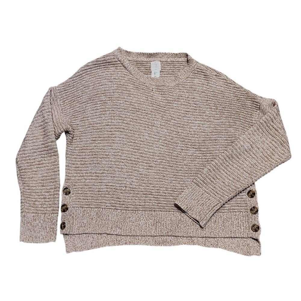 Joie Crew Neck Texture Knit Pullover Sweater Side Accented Buttons Oatmeal/Tan L